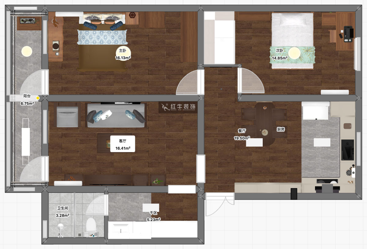 孟宪涛｜五老村24-201-100㎡-现代简约风格｜3室2厅1卫｜老房装修｜定制家｜全包14万｜00_03平面彩图
